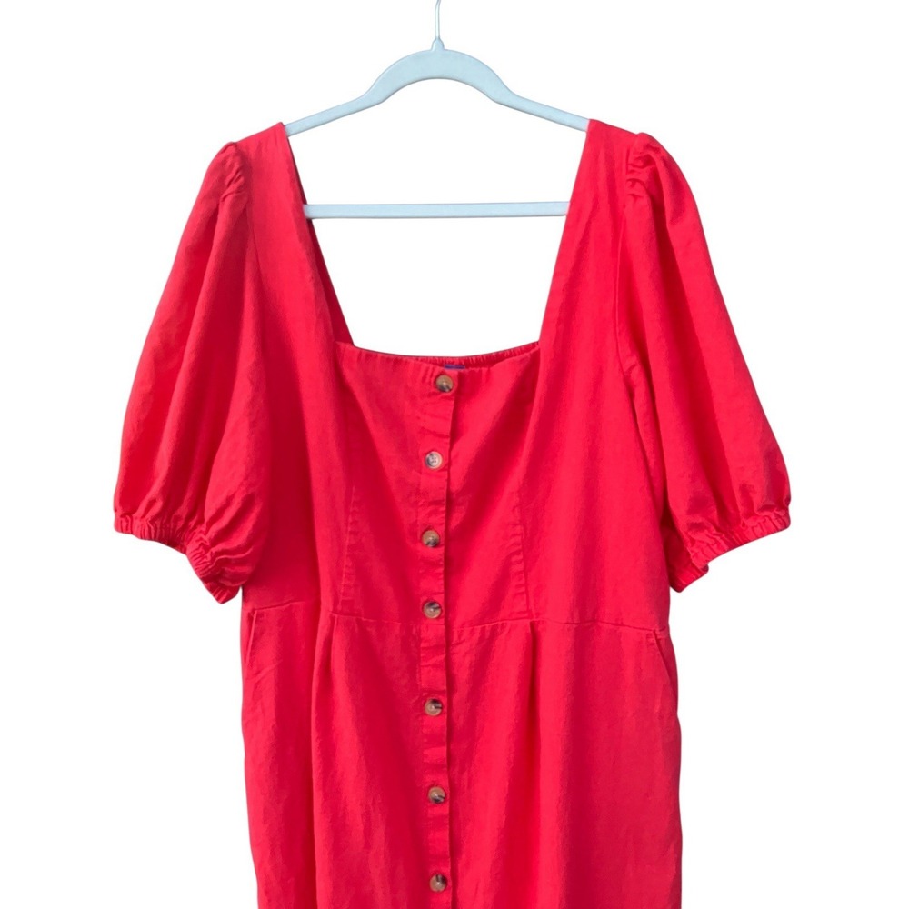 XXL Tall Old Navy Linen Blend Dress Puff Sleeve Button Front Midi Smocked Red - Picture 4 of 9